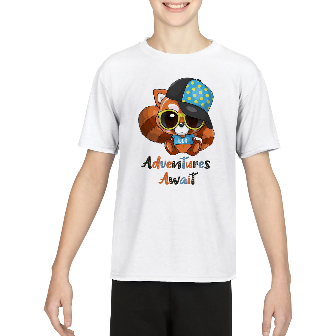 Performance Kids Crewneck T-shirt - Red Panda Boy "Adventures Await"